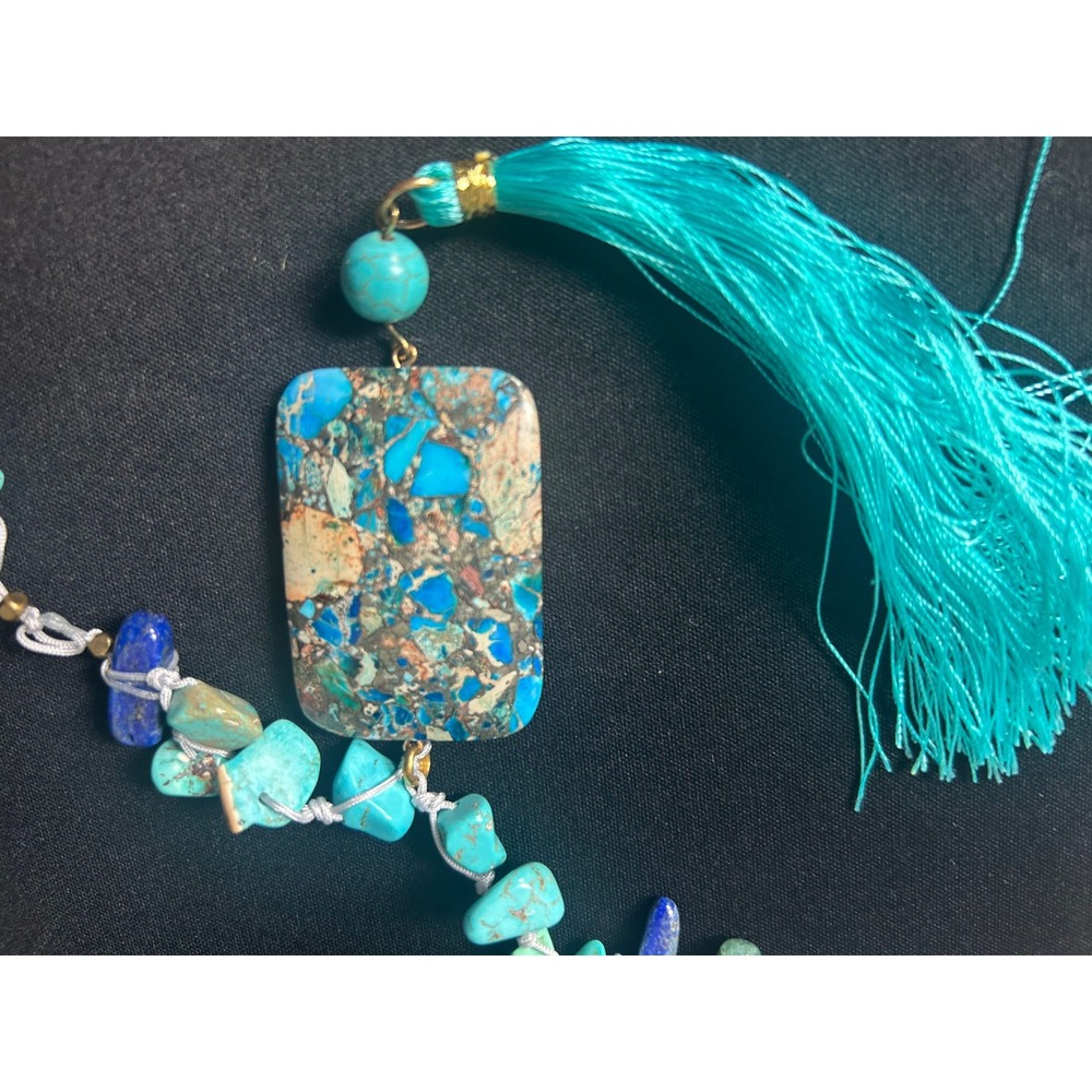 Bohemian Gemstone Tassel Pendant Necklace‎ Turquoise Jasper Blue Lapis Lazuli